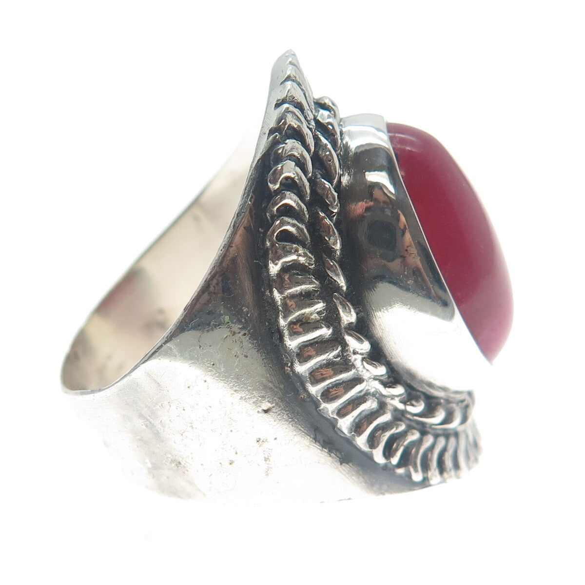 925 Sterling Silver Vintage Real Rhodonite Chain Link Oxidized Ring Size 10.5
