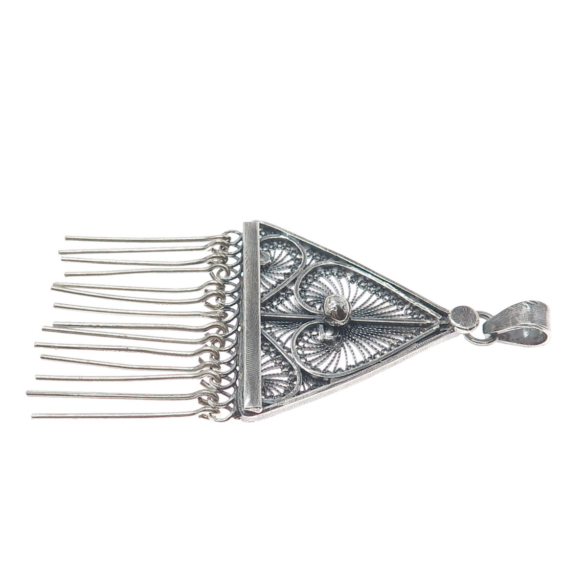 925 Sterling Silver Vintage Filigree Floral Leaf Triangle Oxidized Pendant