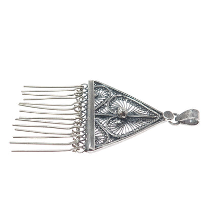 925 Sterling Silver Vintage Filigree Floral Leaf Triangle Oxidized Pendant