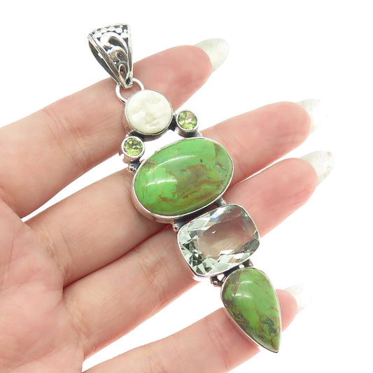 925 Sterling Vintage Real Turquoise Green Amethyst Peridot MOP Moon Face Pendant