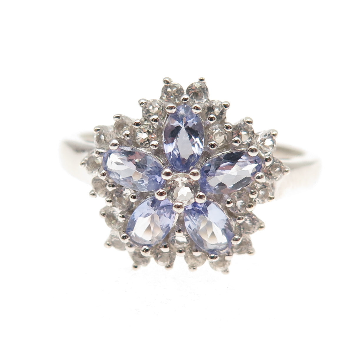 Savoy 925 Sterling Silver Real Tanzanite & White Topaz Floral Ring Size 11.25