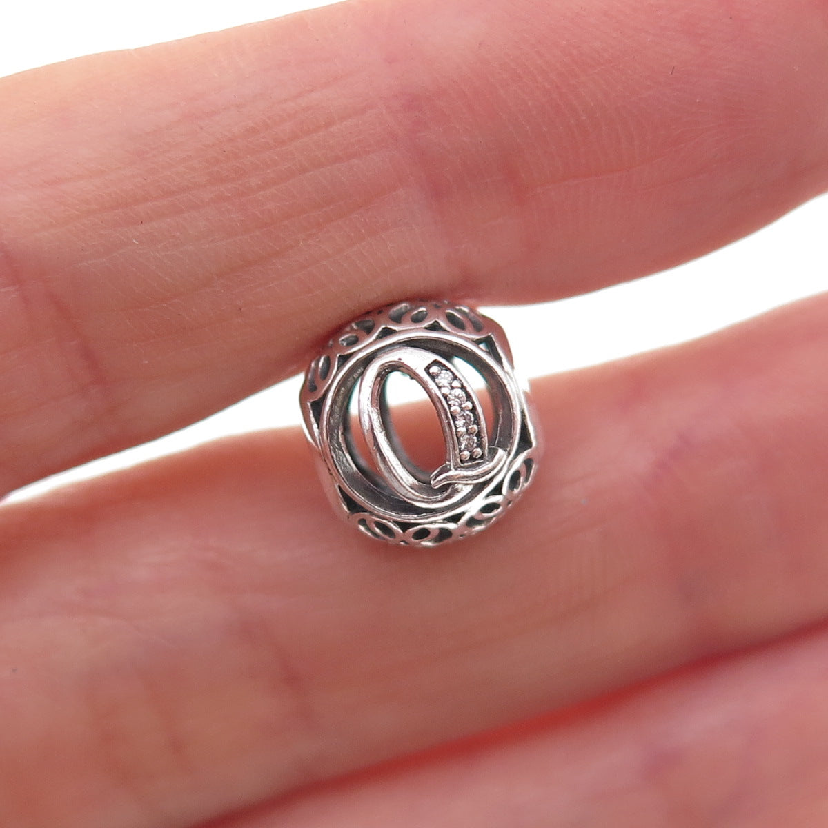 Pandora 925 Sterling Silver C Z Letter Q Slide Bead Charm