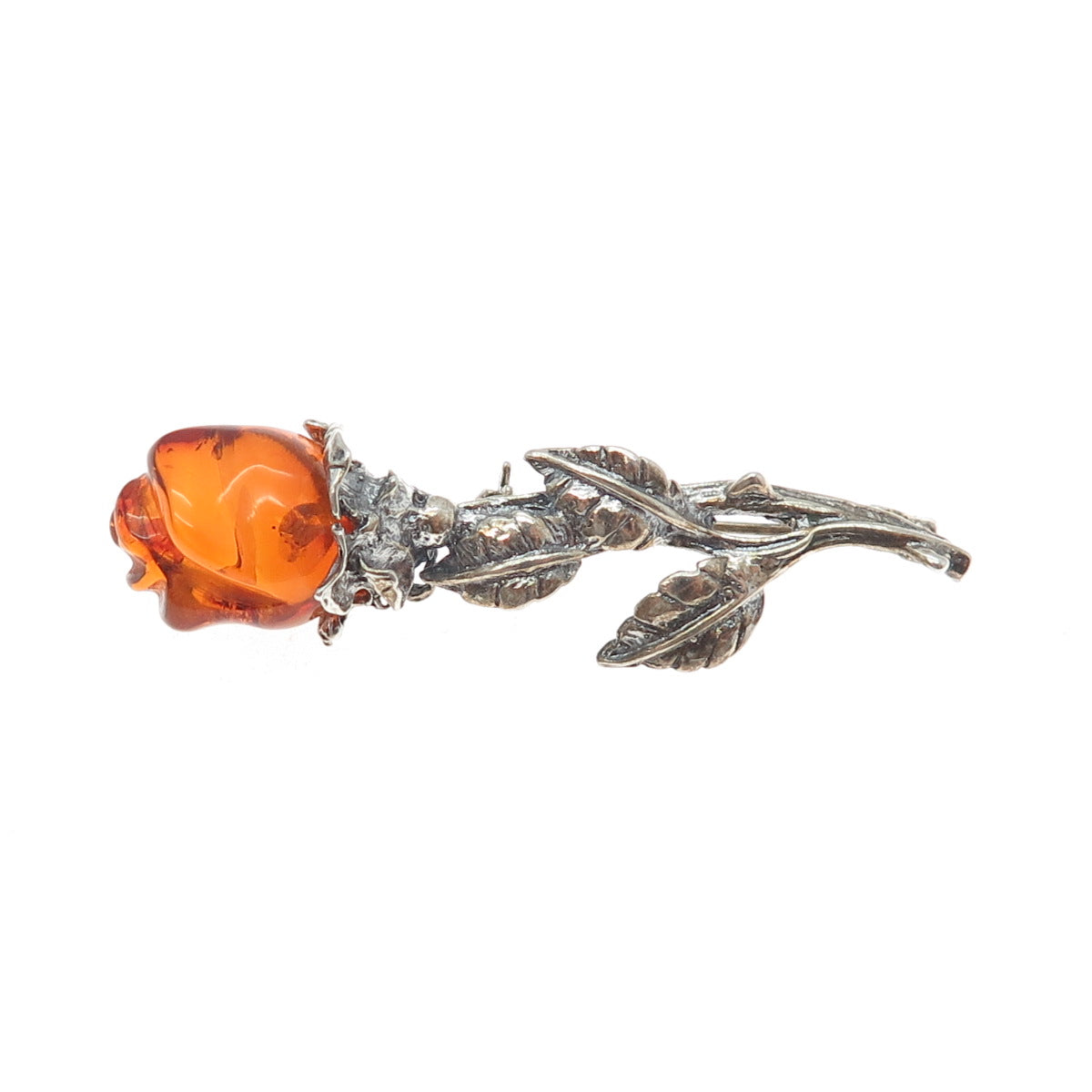 925 Sterling Silver Vintage Real Amber Carved Rose Flower Oxidized Pin Brooch