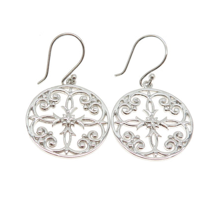 925 Sterling Silver Fleur de Lis & Cross Round Dangling Earrings