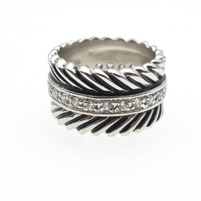 925 Sterling Silver Round-Cut C Z Feather Oxidized Band Ring Size 7