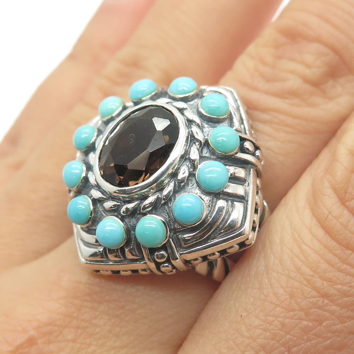 925 Sterling Silver Vintage Real Smoky Quartz & Turquoise Gemstone Ring Size 8