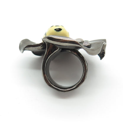 925 Sterling Vintage Black Rhodium Enamel Diamond Ruby Amethyst Frog Ring Size 7