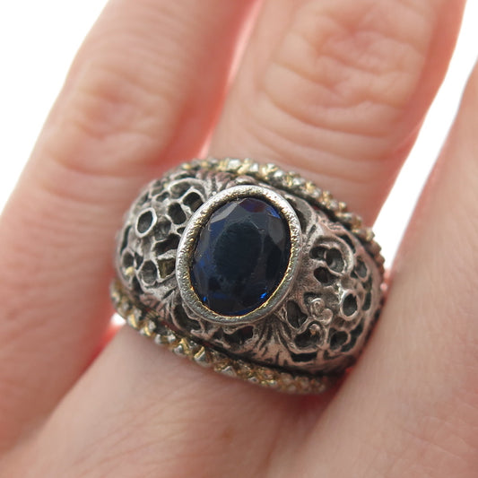 800 Silver 2-Tone Vintage Blue Glass Floral Oxidized Ring Size 6.75