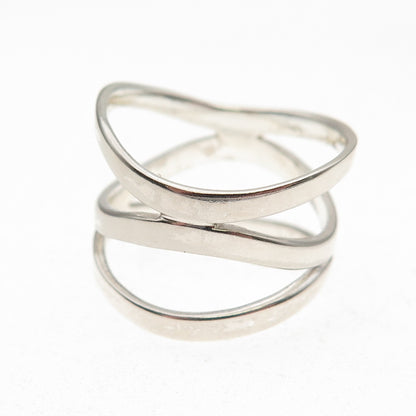 925 Sterling Silver Vintage Modernist Wavy 3-Row Ring Size 9.25