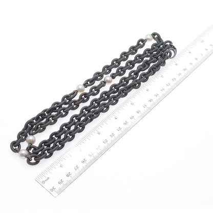 925 Sterling Silver Black Rhodium Vintage Real Diamond Pearl Chain Necklace 32"