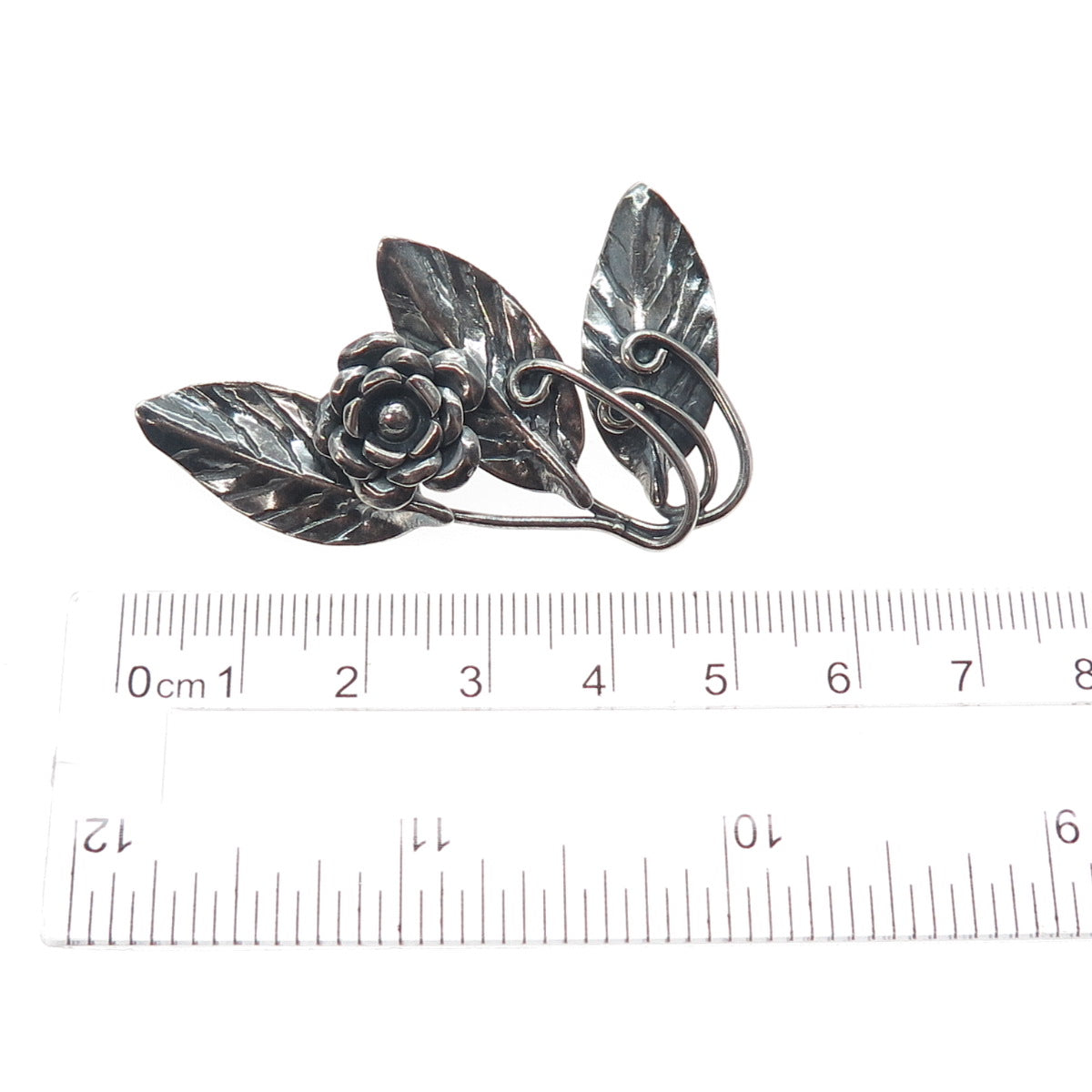 925 Sterling Silver Vintage Rose Flower Oxidized Pin Brooch