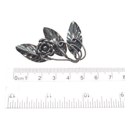 925 Sterling Silver Vintage Rose Flower Oxidized Pin Brooch