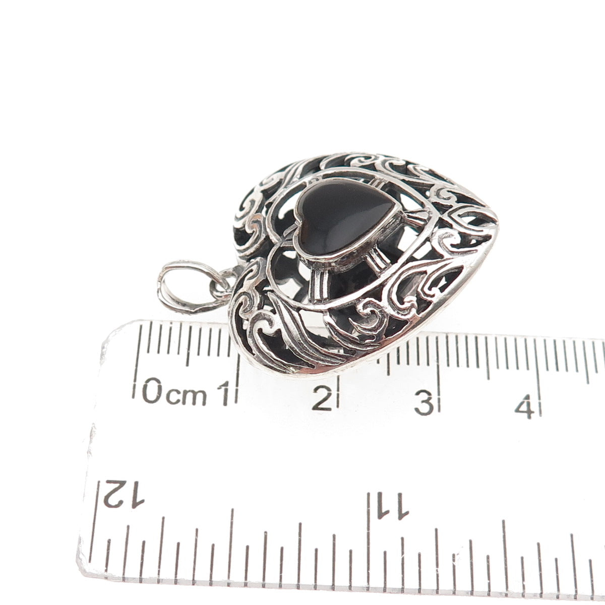 925 Sterling Silver Vintage Real Black Onyx Ornate Heart Dual Sided Pendant