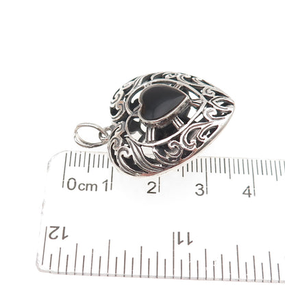 925 Sterling Silver Vintage Real Black Onyx Ornate Heart Dual Sided Pendant