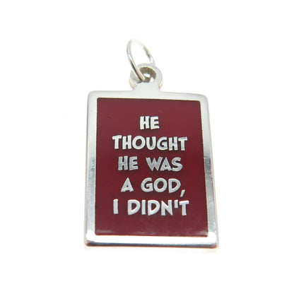 925 Sterling Silver Enamel "He Thought He Was A God, I Din't" Minimalist Pendant