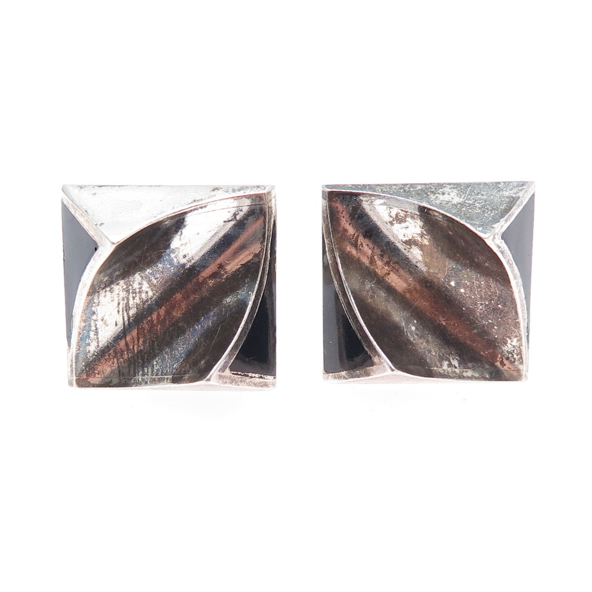 925 Sterling Silver Vintage Mexico Real Black Onyx Modernist Oxidized Cufflinks