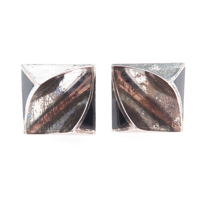 925 Sterling Silver Vintage Mexico Real Black Onyx Modernist Oxidized Cufflinks