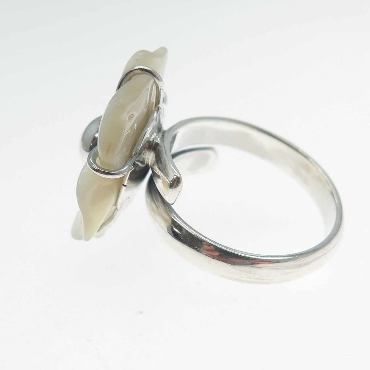 RIDER 950 Silver Vintage Real Carved MOP Flower Adjustable Ring Size 8.5