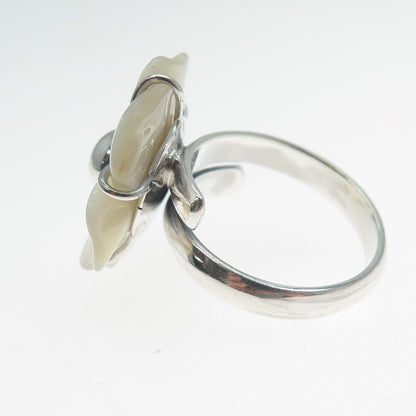 RIDER 950 Silver Vintage Real Carved MOP Flower Adjustable Ring Size 8.5