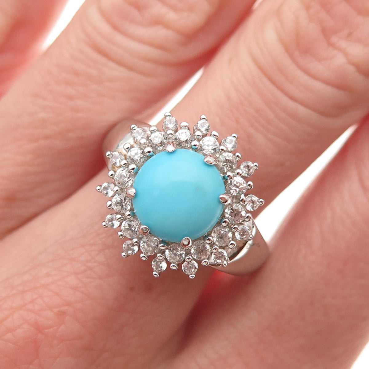 925 Sterling Silver Real Turquoise & White Topaz Floral Ring Size 8.25