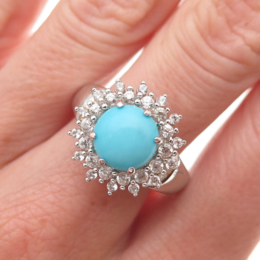 925 Sterling Silver Real Turquoise & White Topaz Floral Ring Size 8.25