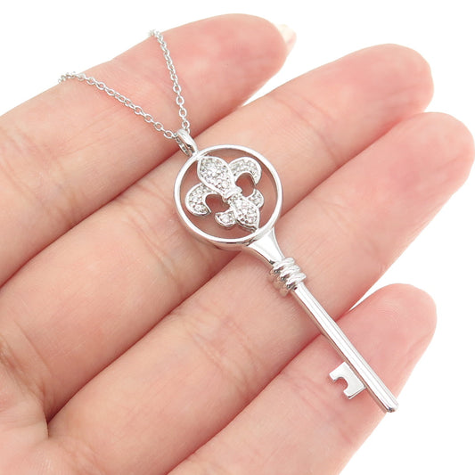 925 Sterling Silver Round-Cut C Z Fleur de Lis Key Cable Chain Necklace 16-18"