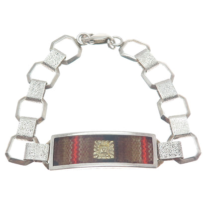 925 Sterling Silver 2-Tone Vintage Glass Mayan Tribal ID Oxidized Bracelet 8.25"