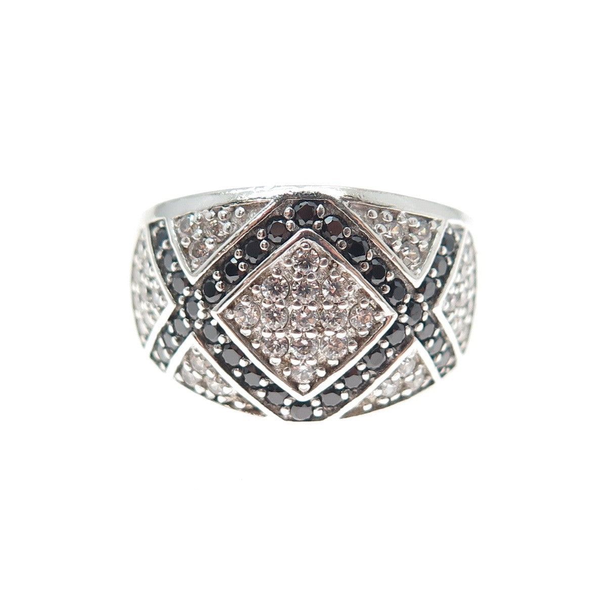 925 Sterling Silver Real Round-Cut Black Spinel & C Z Ring Size 7