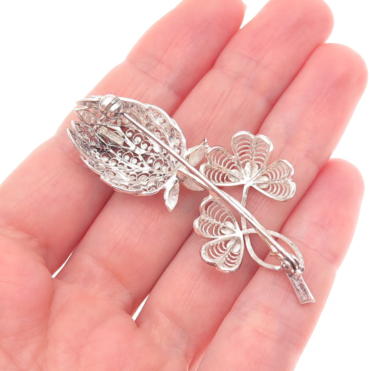 925 Sterling Silver Vintage Germany Floral Filigree Pin Brooch