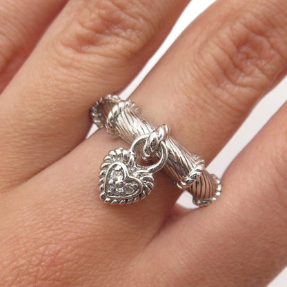 JUDITH RIPKA 925 Sterling Silver Round-Cut C Z Heart Dangle Charm Ring Size 11