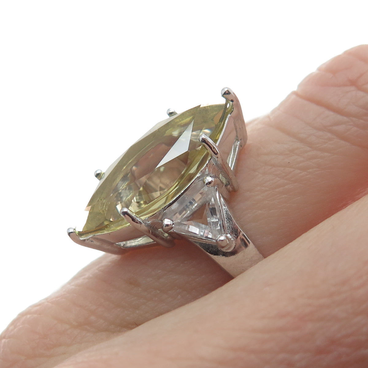 925 Sterling Silver Real Checkered Yellow & White Topaz Gem Ring Size 7.25