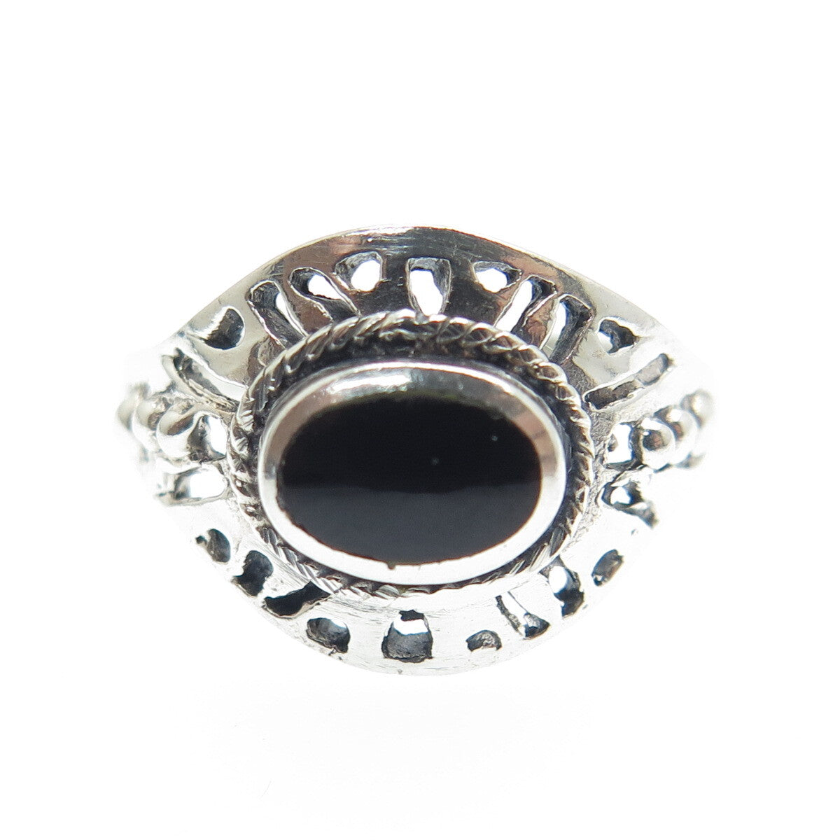 925 Sterling Silver Vintage Real Black Onyx Modernist Ring Size 5.25
