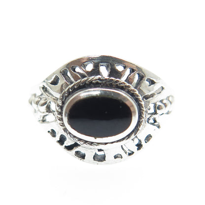 925 Sterling Silver Vintage Real Black Onyx Modernist Ring Size 5.25