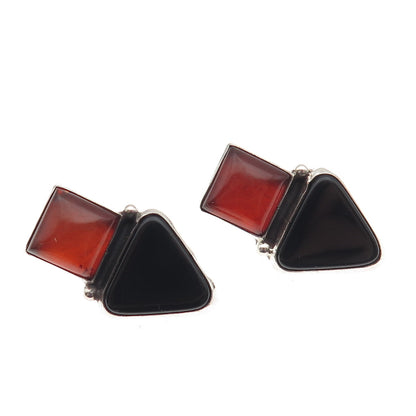 925 Sterling Silver Vintage Real Black Onyx & Amber Modernist Earrings