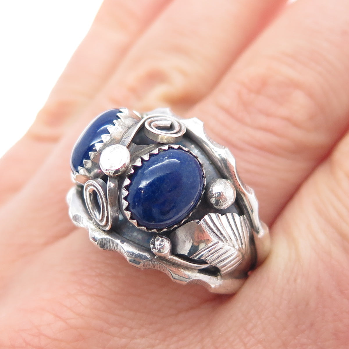 Max Calabaza Navajo Old Pawn Sterling Silver Vintage Lapis Tribal Ring Size 14