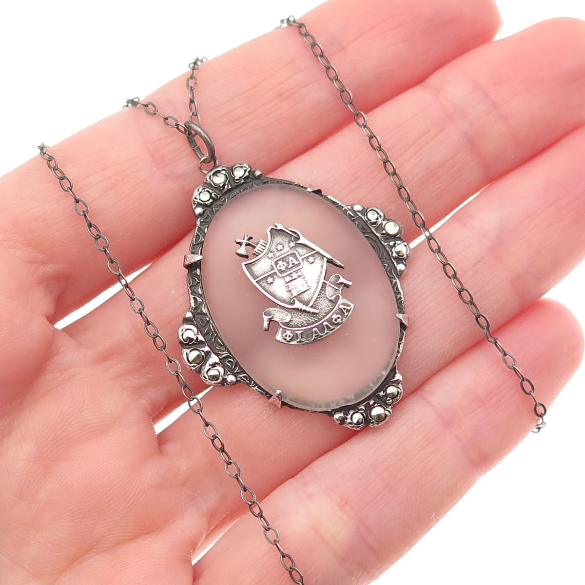 925 Sterling Antique Real Marcasite Camphor Frosted Glass Phi Alpha Necklace 16"