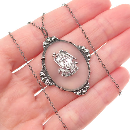 925 Sterling Antique Real Marcasite Camphor Frosted Glass Phi Alpha Necklace 16"