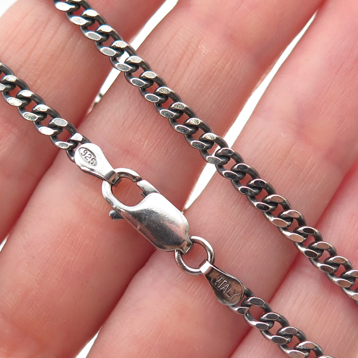925 Sterling Silver Vintage Italy Oxidized Curb Chain Necklace 16"