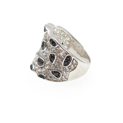 925 Sterling Silver Real Round-Cut Black Spinel & White Topaz Ring Size 6.25