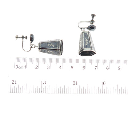 925 Sterling Silver Antique Siam Niello Hindu Goddess Screw Back Dangle Earrings