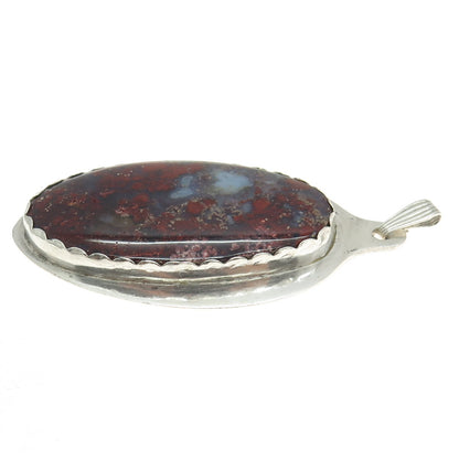 925 Sterling Silver Vintage Real Cabochon Blood Agate Modernist Pendant