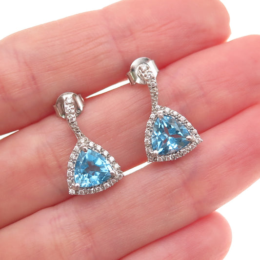 925 Sterling Silver Real Triangle-Cut Blue Topaz & Round-Cut C Z Earrings