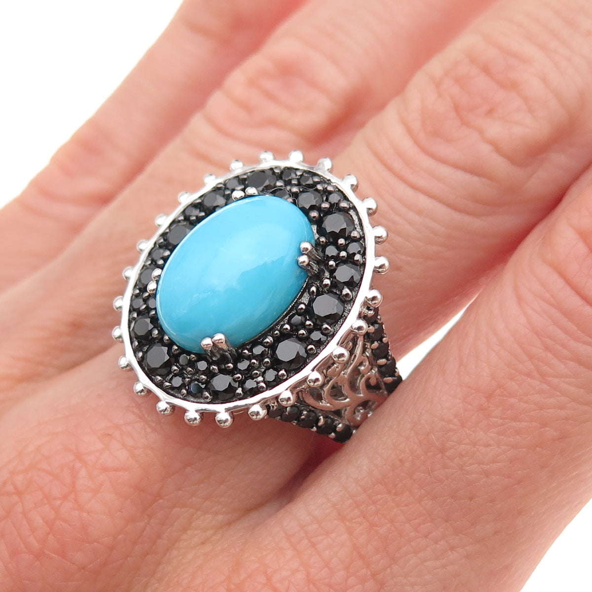 925 Sterling Silver Real Sleeping Beauty Turquoise & Black Spinel Ring Size 8