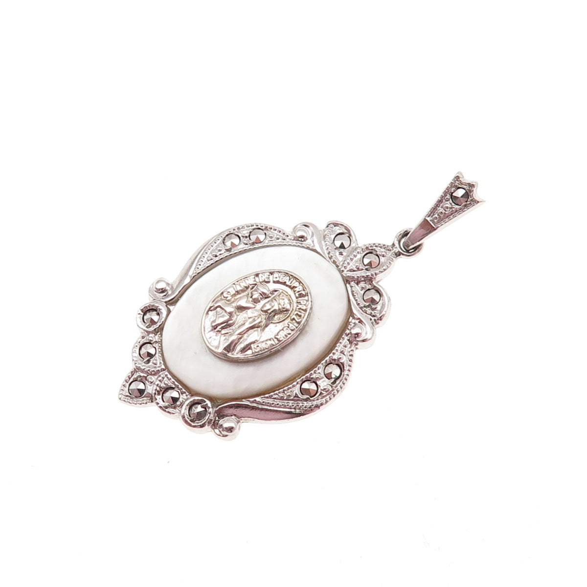 Theda 925 Sterling Silver Antique Art Deco Real MOP & Marcasite St. Mary Pendant