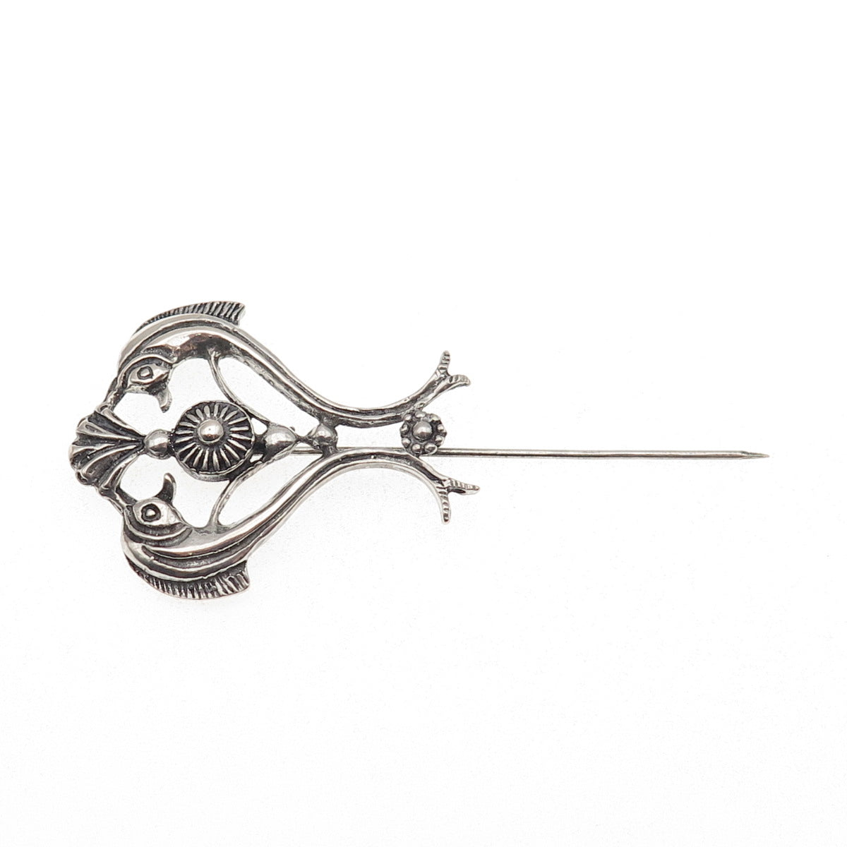 925 Sterling Silver Vintage Dolphin Heart Oxidized Lapel Pin