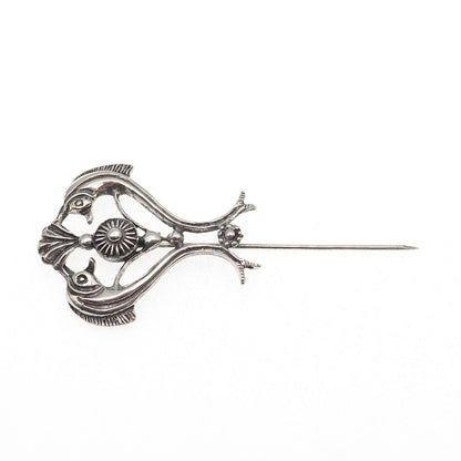 925 Sterling Silver Vintage Dolphin Heart Oxidized Lapel Pin