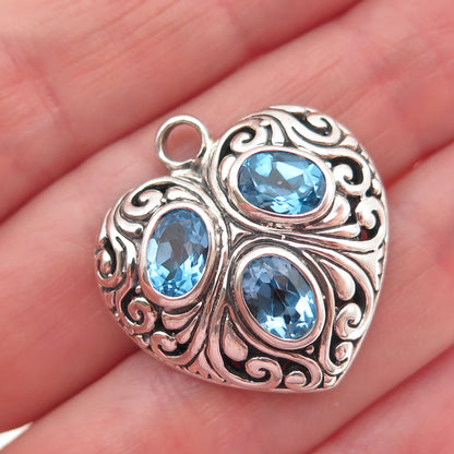 925 Sterling Silver Vintage Real Oval-Cut Blue Topaz Heart Swirl Charm Pendant