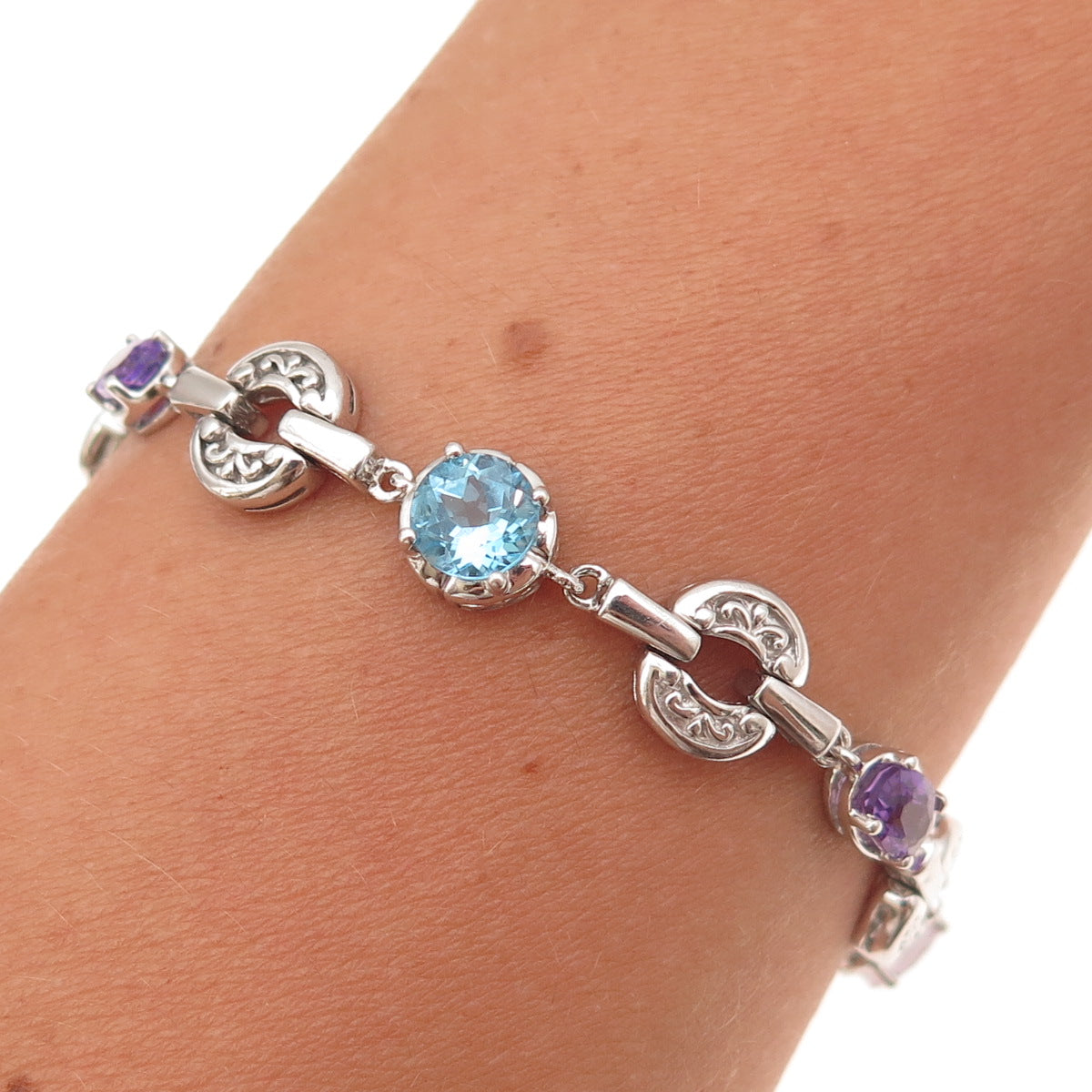 925 Sterling Silver Real Blue Topaz Amethyst Peridot & Citrine Bracelet 8"
