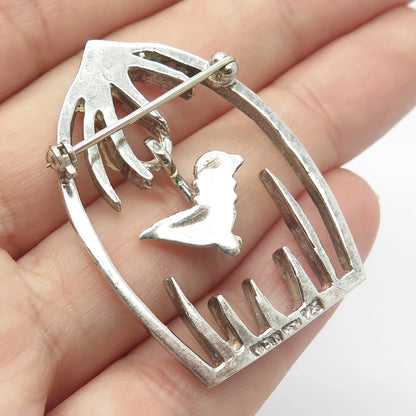 925 Sterling Silver Vintage Mexico Bird In A Cage Pin Brooch