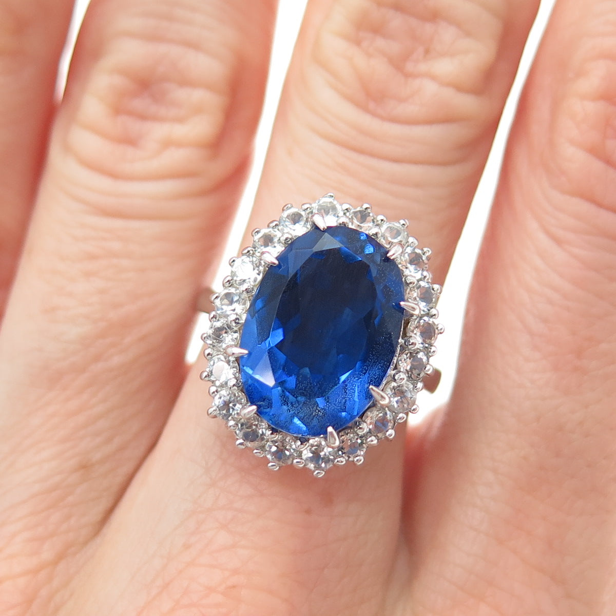 925 Sterling Silver Real White Topaz & Blue C Z Royal Dreams Ring Size 7.25